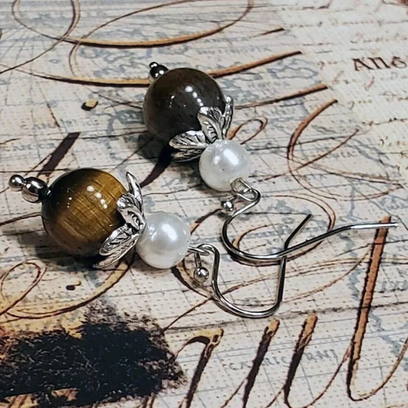 Handcrafted Tiger Eye Gemstone White Faux Pearl Silver Dangle Earrings - Picture 7 of 9